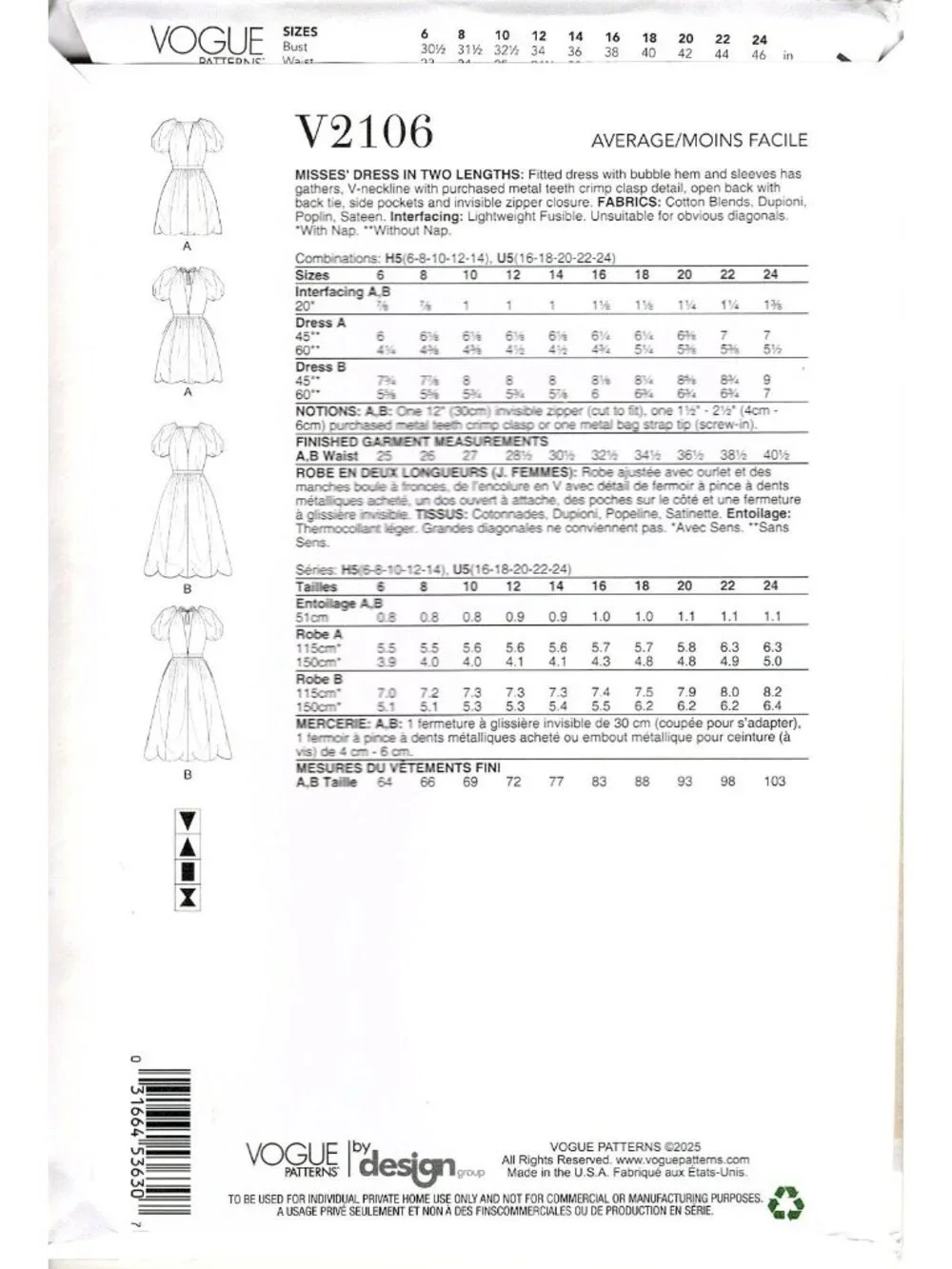 Vogue Patterns V2106 Womens 16 to 24 Bubble Hem Dress Uncut Sewing Pattern